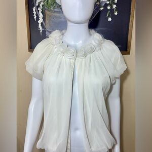 Michelle Taylor Y2K Short Sleeved Cream Cardigan with Floral Accents
